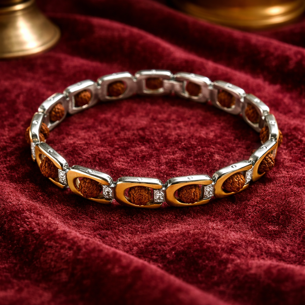 Round view of premium U-Link Rudraksha bracelet gold and silver plated