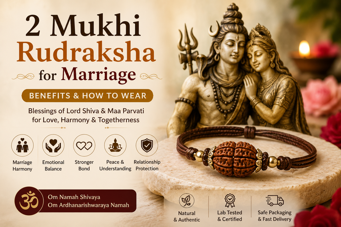 2 Mukhi Rudraksha bracelet with Lord Shiva and Maa Parvati in a peaceful spiritual setting representing marriage harmony, emotional balance and relationship unity