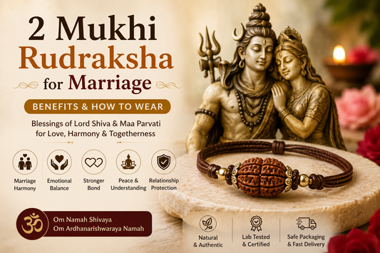 2 Mukhi Rudraksha bracelet with Lord Shiva and Maa Parvati in a peaceful spiritual setting representing marriage harmony, emotional balance and relationship unity