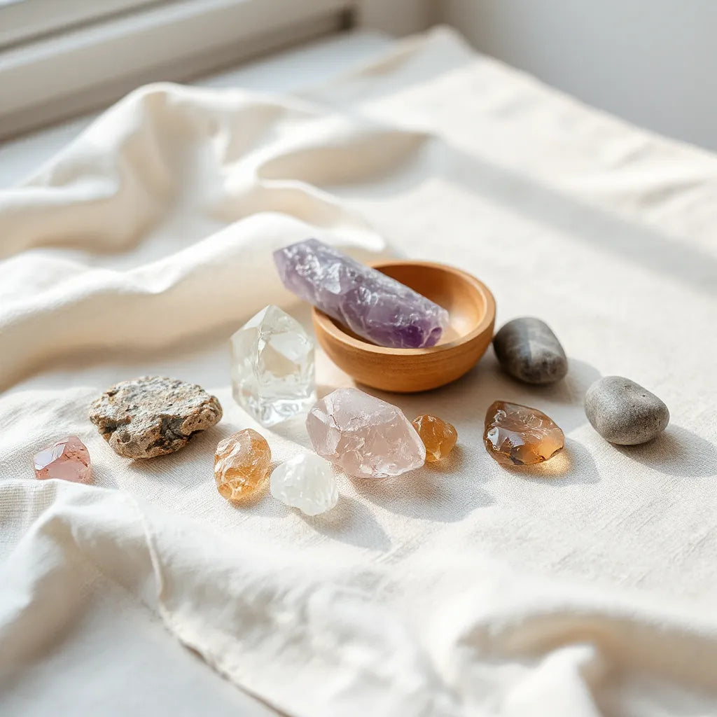 Assorted healing crystals like amethyst, rose quartz, and clear quartz on a neutral fabric under soft natural light