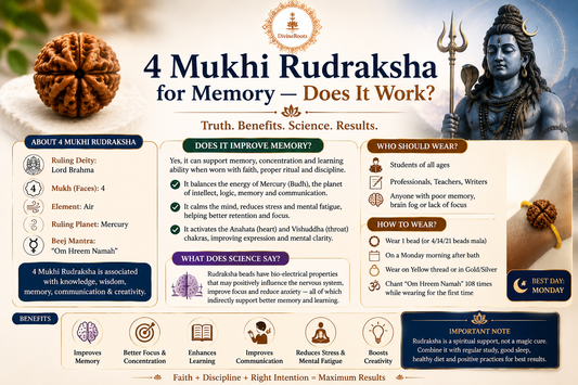 4 Mukhi Rudraksha with Lord Brahma theme, study books, pen and soft spiritual background showing memory, concentration, learning, speech and student focus support