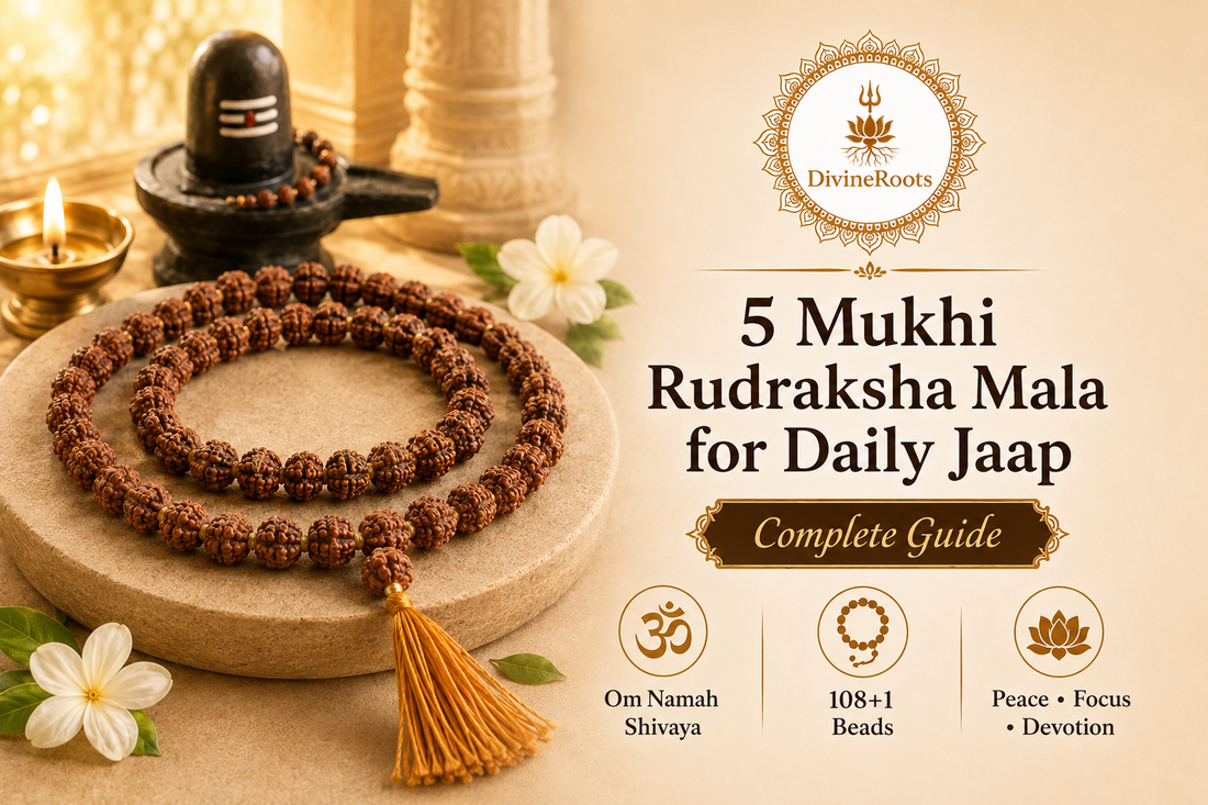 5 Mukhi Rudraksha Mala with Lord Shiva and Shivling showing daily jaap, Om Namah Shivaya mantra, 108 beads, meditation, peace, focus and spiritual discipline