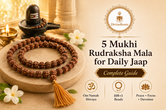 5 Mukhi Rudraksha Mala with Lord Shiva and Shivling showing daily jaap, Om Namah Shivaya mantra, 108 beads, meditation, peace, focus and spiritual discipline