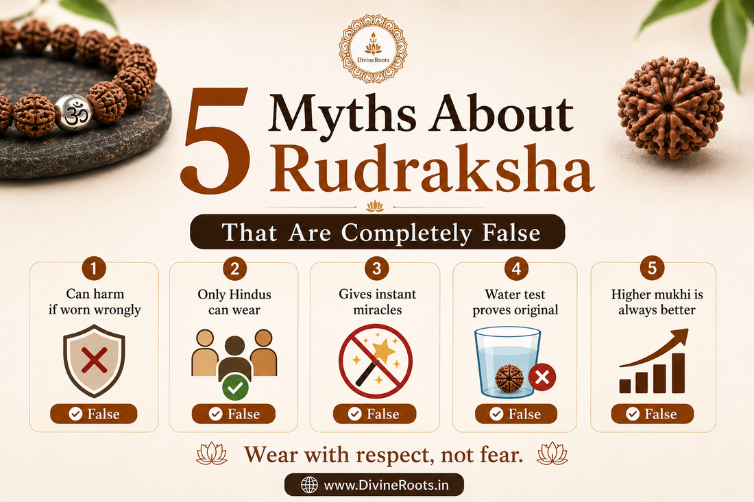 DivineRoots infographic showing 5 common Rudraksha myths that are false, including fear of harm, only Hindus can wear, instant miracles, water test proof and higher mukhi always better