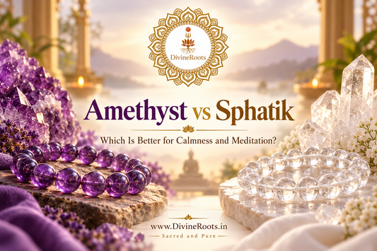 Amethyst vs Sphatik (Clear Quartz) comparison featuring natural purple Amethyst crystals and bracelet alongside transparent Sphatik crystals and bracelet, with the DivineRoots logo, highlighting their traditional uses for calmness and meditation.
