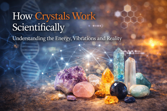 Healing crystals with soft light representing scientific structure, energy vibrations and their calming effect on mind and body