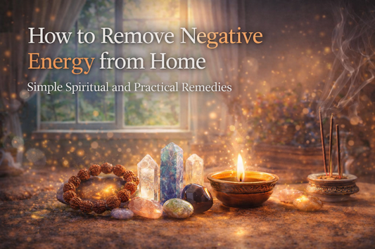 Spiritual home setup with Rudraksha, crystals, diya and incense used to remove negative energy and create a positive environment