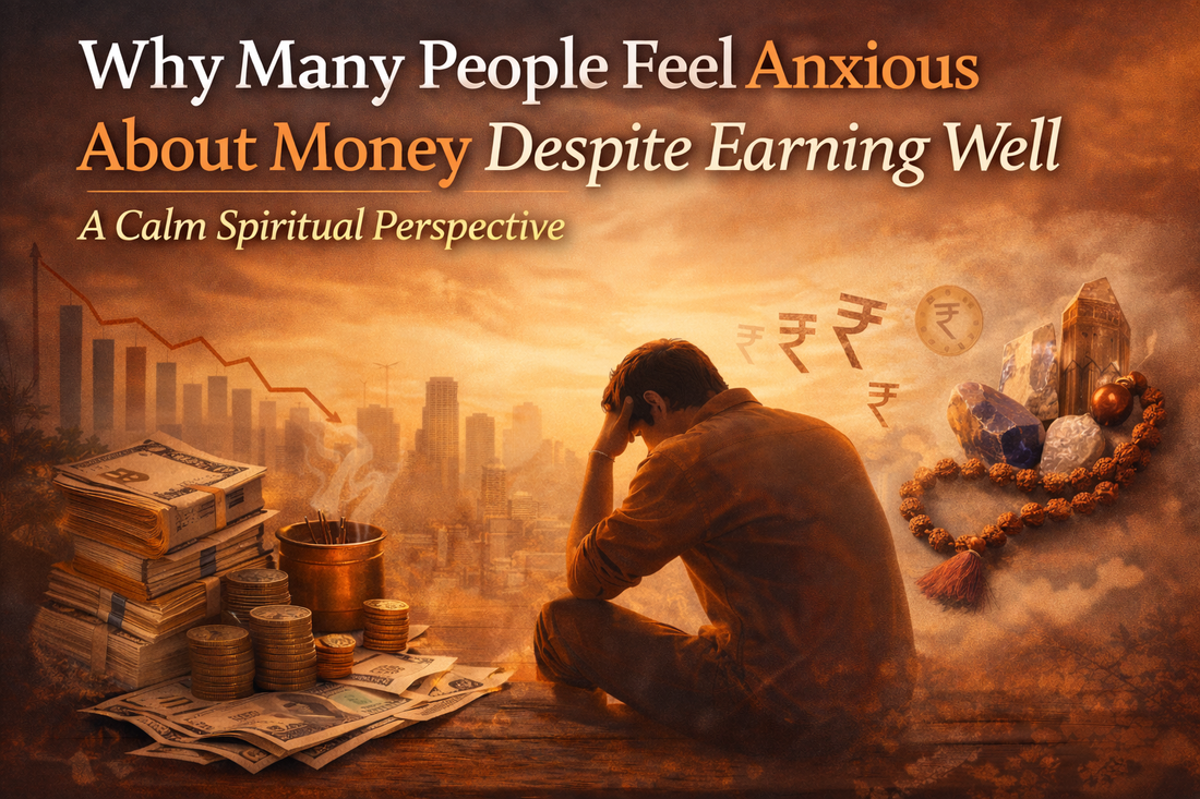 Illustration showing a person experiencing financial anxiety alongside spiritual symbols like rudraksha and crystals representing calm and balance