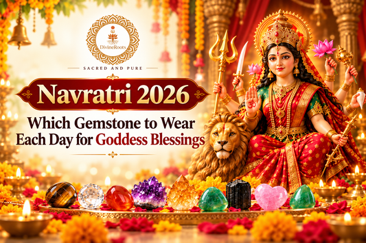 DivineRoots blog hero image for Navratri 2026 showing Maa Durga with nine crystals including Tiger Eye, Sphatik, Carnelian, Amethyst, presenting daily gemstone guidance for the nine days of Navratri.