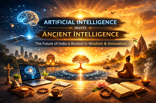 AI Summit India and ancient intelligence symbolism with sun energy and technology fusion