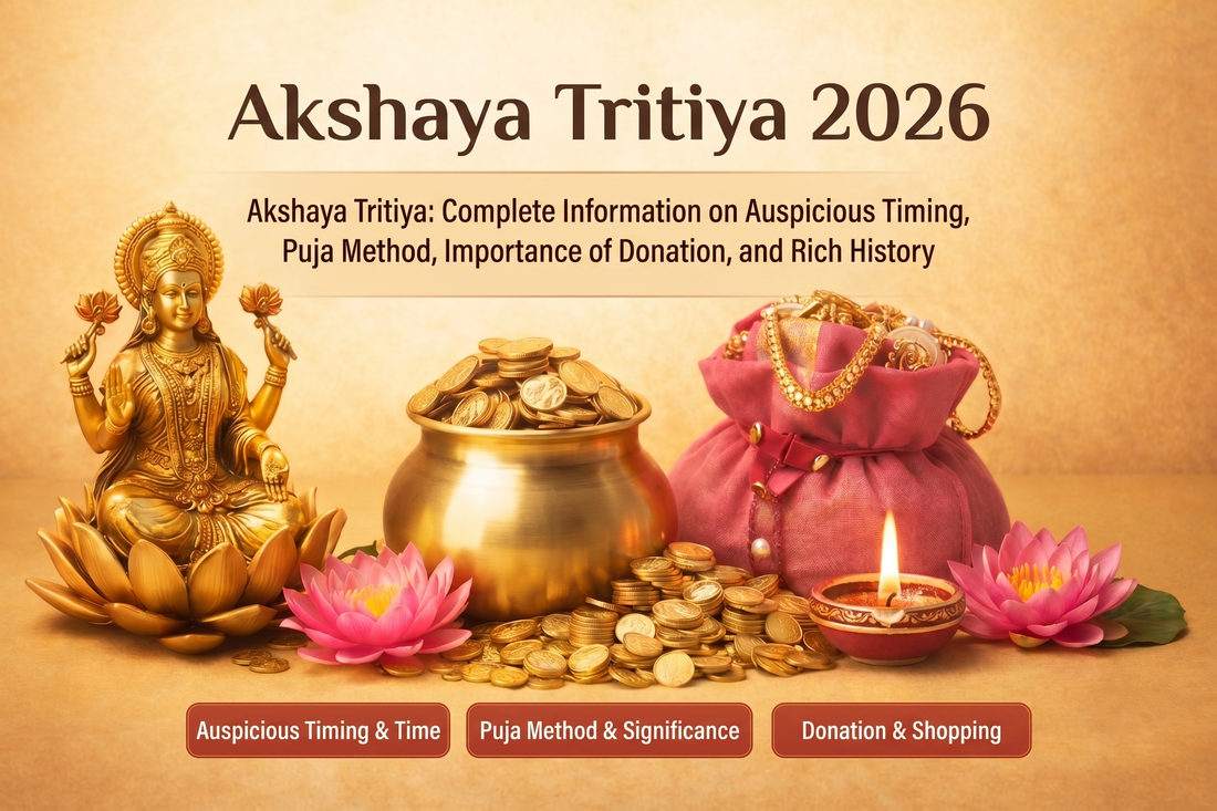 Akshaya Tritiya festival image showing Goddess Lakshmi, gold coins, kalash and diya representing wealth, prosperity and auspicious beginnings