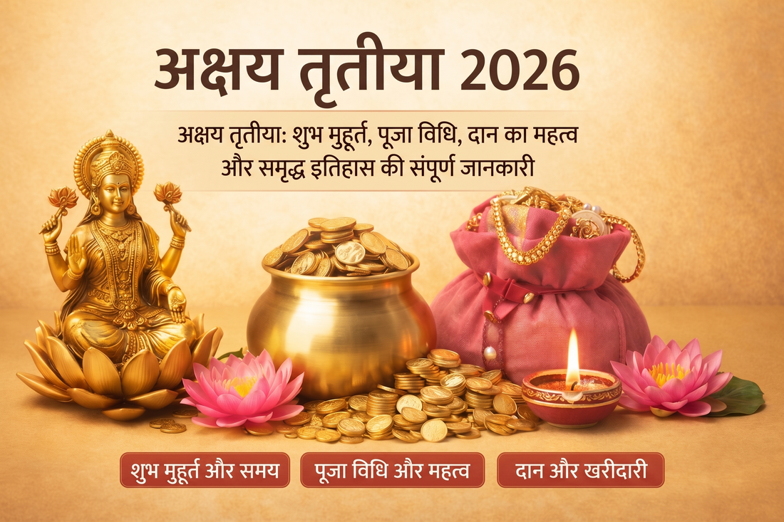 Akshaya Tritiya 2026 Lakshmi puja gold buying muhurat with kalash, coins and diya symbolizing prosperity and abundance