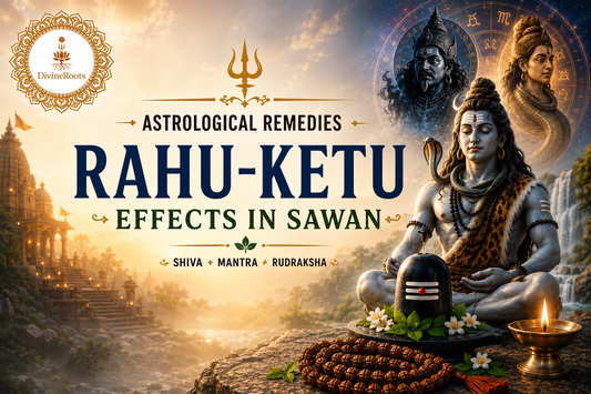 DivineRoots infographic showing astrological remedies to reduce Rahu-Ketu effects in Sawan with Lord Shiva, Rahu-Ketu symbolism, Shivling, Rudraksha Mala, diya, temple background and spiritual astrology theme