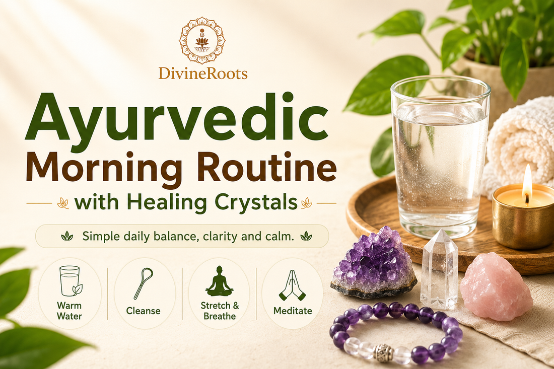 DivineRoots image showing Ayurvedic morning routine with warm water, diya, plants, Amethyst, Clear Quartz, Rose Quartz and crystal bracelet for balance, clarity and calm