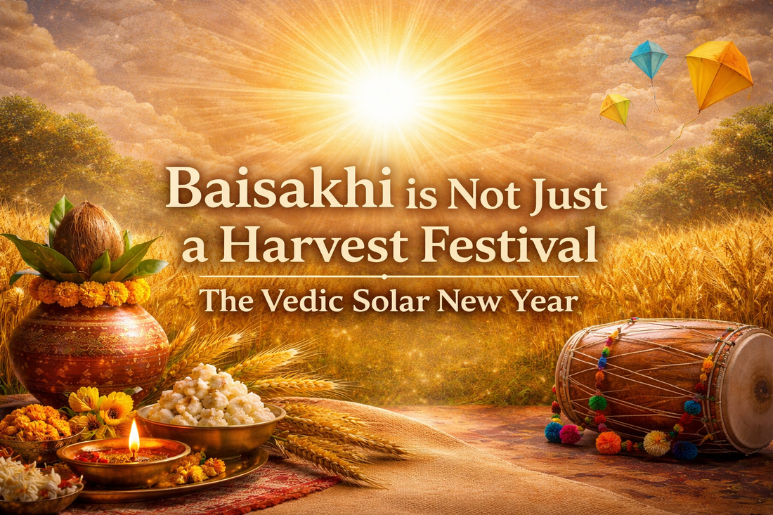 Baisakhi festival in India showing wheat harvest, kalash and sunrise representing Sun entering Mesha Rashi and Vedic Solar New Year