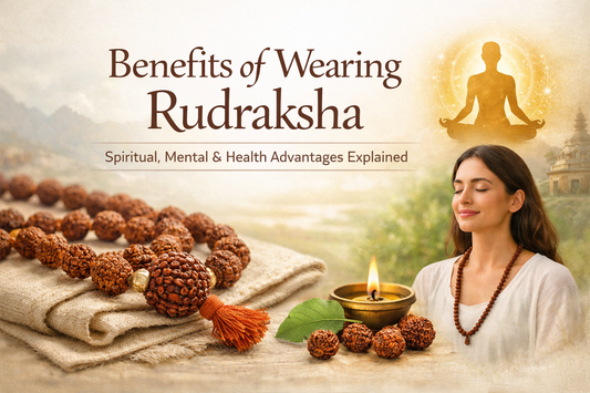 Rudraksha bracelet with diya lamp highlighting the benefits of wearing Rudraksha for spiritual growth and protection
