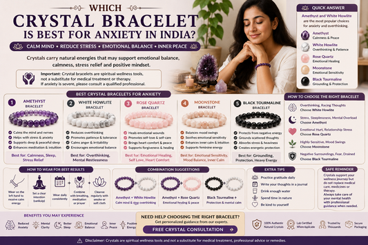 Calming crystal bracelets including Amethyst, White Howlite, Rose Quartz, Moonstone and Black Tourmaline for anxiety, overthinking, emotional balance and inner peace in India