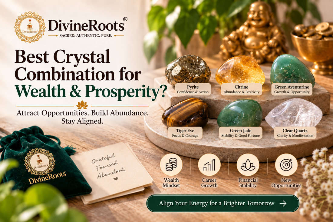 DivineRoots blog hero image showing Pyrite, Citrine, Green Aventurine, Tiger Eye, Green Jade and Clear Quartz crystals arranged for wealth, prosperity, business growth and financial intention.