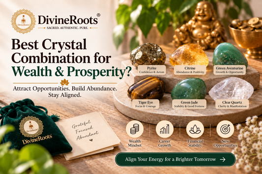 DivineRoots blog hero image showing Pyrite, Citrine, Green Aventurine, Tiger Eye, Green Jade and Clear Quartz crystals arranged for wealth, prosperity, business growth and financial intention.