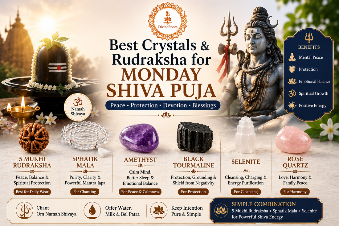 Lord Shiva, Shivling, 5 Mukhi Rudraksha, Sphatik Mala, Amethyst, Black Tourmaline, Selenite and Rose Quartz for Monday Shiva Puja, peace, protection and blessings