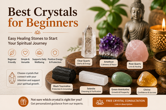 Beginner-friendly healing crystals including Clear Quartz, Amethyst, Rose Quartz, Black Tourmaline, Selenite, Green Aventurine and Citrine arranged in a peaceful spiritual setting