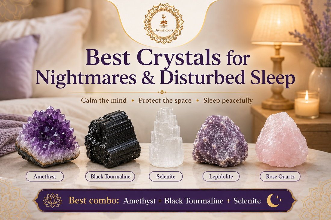 Amethyst, Black Tourmaline, Selenite, Lepidolite and Rose Quartz crystals placed in a calm bedroom setting for nightmares, disturbed sleep, protection and peaceful rest