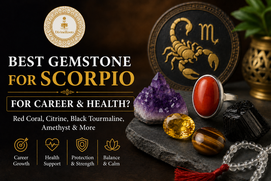 Red Coral, Citrine, Black Tourmaline, Amethyst, Tiger Eye and Sphatik gemstones with Scorpio symbol, representing gemstone guidance for Scorpio career growth, health support, protection and emotional balance