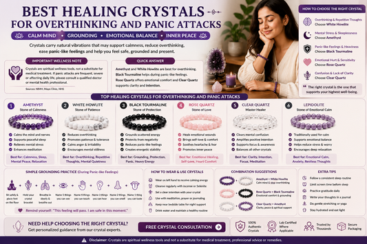 Healing crystal bracelets including Amethyst, White Howlite, Black Tourmaline, Rose Quartz and Clear Quartz for overthinking, panic-like feelings, calmness, grounding and emotional balance