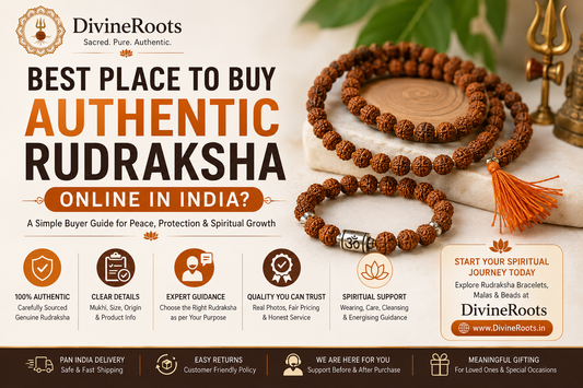 DivineRoots banner showing authentic Rudraksha mala and Rudraksha bracelet with spiritual buyer guide for buying genuine Rudraksha online in India