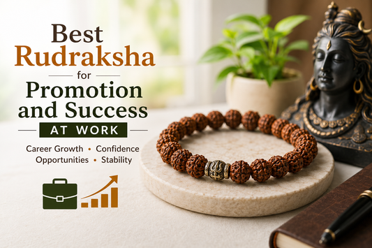 Rudraksha bracelet with Lord Shiva statue in a calm work desk setting representing promotion, career growth, confidence and success at work