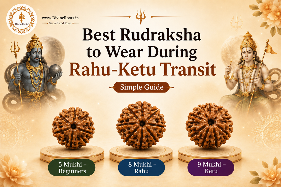 DivineRoots Rahu-Ketu transit blog hero image showing realistic 5 Mukhi, 8 Mukhi and 9 Mukhi Rudraksha beads with Rahu and Ketu symbolism, explaining simple Rudraksha guidance for the transit period.