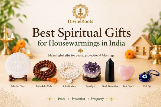Selenite Plate, Rudraksha Mala, Sphatik Mala, Amethyst, Black Tourmaline, Rose Quartz and Evil Eye shown as spiritual housewarming gifts for peace, protection, prosperity and blessings