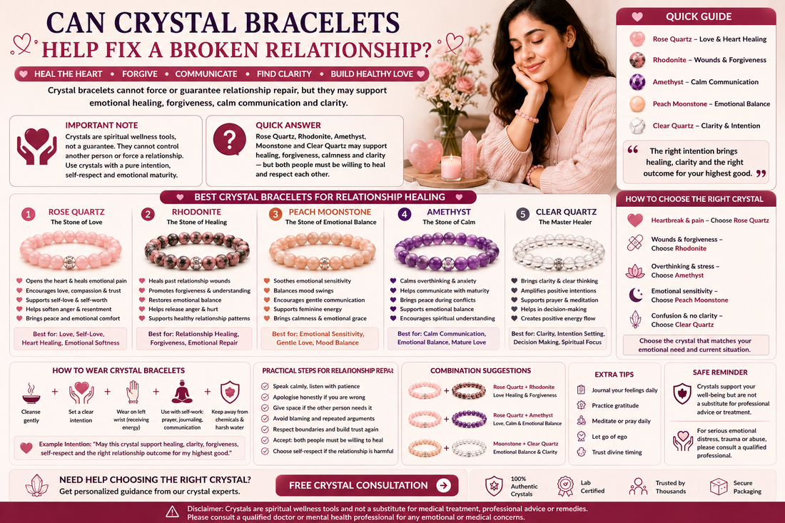 Rose Quartz, Rhodonite, Amethyst, Peach Moonstone and Clear Quartz crystal bracelets for emotional healing, forgiveness, calm communication and relationship clarity
