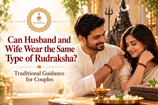 DivineRoots blog hero image showing a married couple wearing similar Rudraksha bracelets in a warm Shiva-inspired devotional setting, representing guidance on whether husband and wife can wear the same type of Rudraksha.