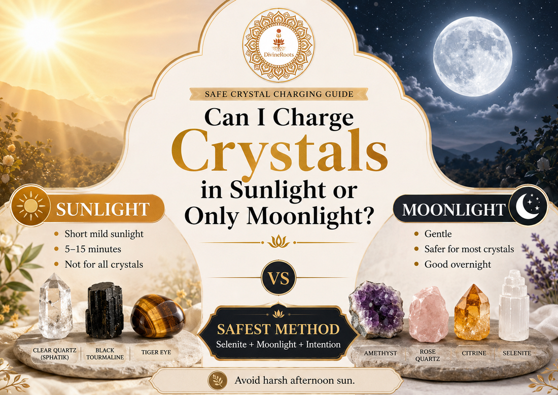 Clear Quartz, Black Tourmaline, Tiger Eye, Amethyst, Rose Quartz, Citrine and Selenite crystals showing safe crystal charging in sunlight, moonlight and Selenite