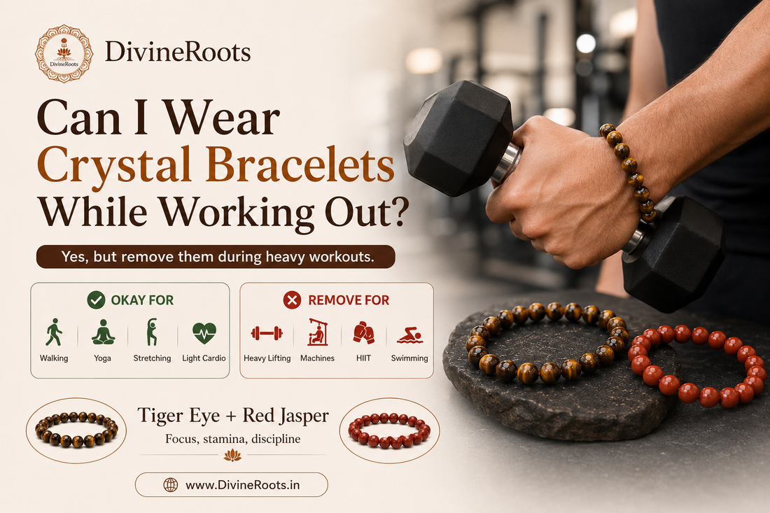 DivineRoots image showing a person holding dumbbells while wearing a Tiger Eye bracelet, with Tiger Eye and Red Jasper bracelets placed near gym equipment, explaining when to wear or remove crystal bracelets during workouts