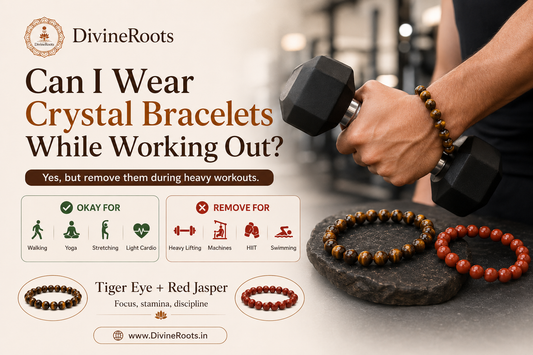 DivineRoots image showing a person holding dumbbells while wearing a Tiger Eye bracelet, with Tiger Eye and Red Jasper bracelets placed near gym equipment, explaining when to wear or remove crystal bracelets during workouts