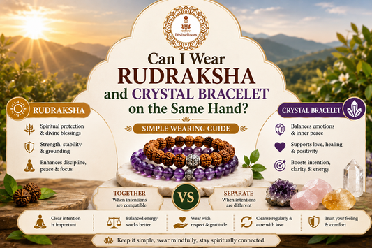 Rudraksha bracelet and Amethyst crystal bracelet worn together on the same hand with Clear Quartz, Rose Quartz and Citrine showing simple wearing guidance for balance, protection and positive energy