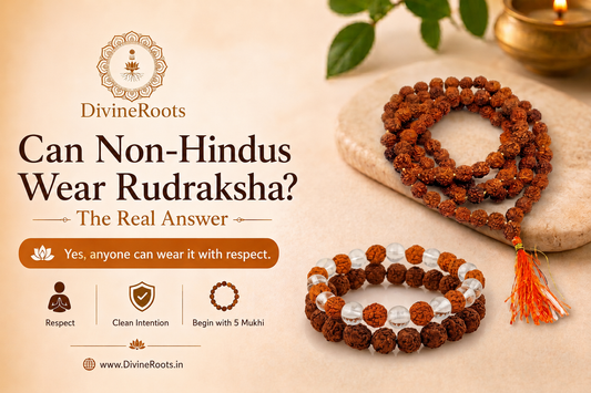 DivineRoots image showing realistic Rudraksha mala, Rudraksha bracelet and 5 Mukhi Rudraksha bead with the message that non-Hindus can wear Rudraksha respectfully with clean intention