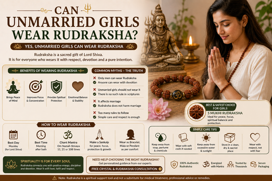 Unmarried girl wearing Rudraksha bracelet near Lord Shiva statue and diya in a peaceful spiritual setting explaining that girls can wear Rudraksha with respect and devotion