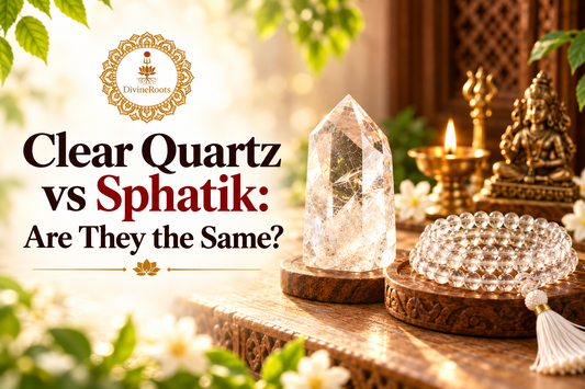 DivineRoots blog hero image comparing Clear Quartz crystal and Sphatik mala in a warm devotional setting, explaining that genuine Sphatik generally refers to natural clear quartz or rock crystal.