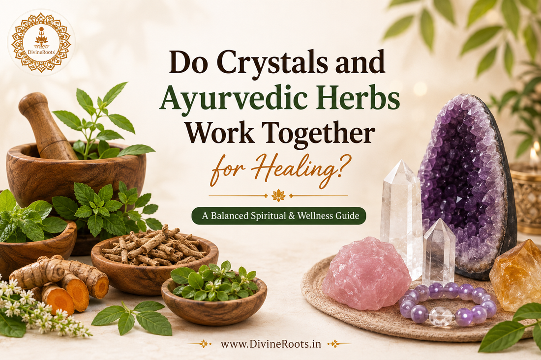 DivineRoots blog hero image showing Ayurvedic herbs such as Tulsi, Ashwagandha and Turmeric alongside Amethyst, Clear Quartz, Rose Quartz and Citrine, representing a balanced spiritual and wellness approach to combining crystals with Ayurveda.