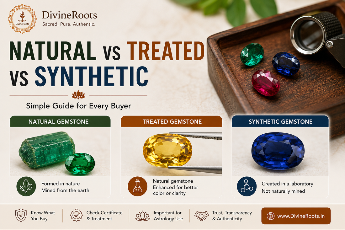 DivineRoots infographic explaining natural vs treated vs synthetic gemstones with simple icons for natural gemstone, treated gemstone and lab-created synthetic gemstone