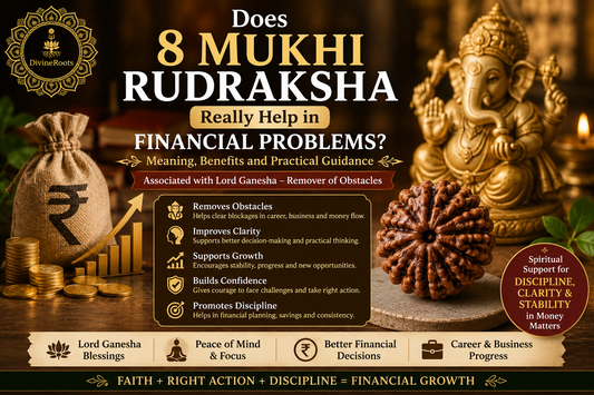 8 Mukhi Rudraksha with Lord Ganesha, money symbols and spiritual guidance for financial problems, discipline, clarity and stability