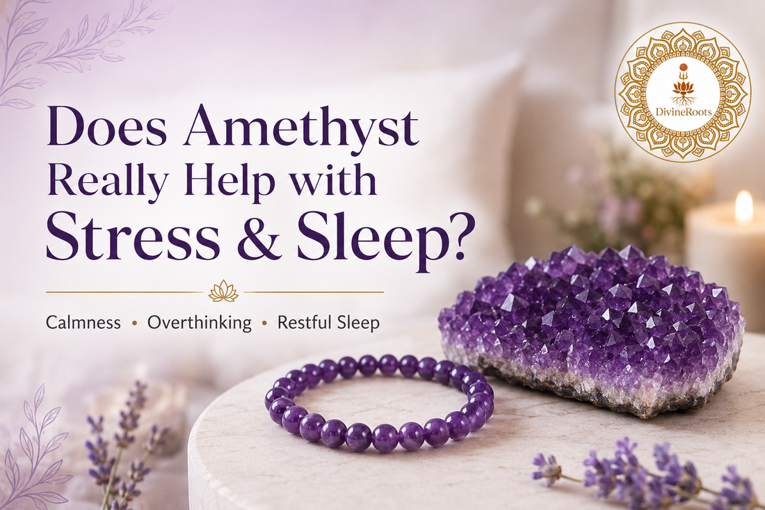 Amethyst bracelet and Amethyst crystal cluster in a calm bedroom setting showing stress relief, overthinking support and restful sleep energy