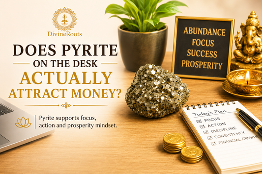 Pyrite crystal placed on a bright office desk with laptop, planner, coins and DivineRoots branding, representing focus, action, prosperity mindset and money attraction energy