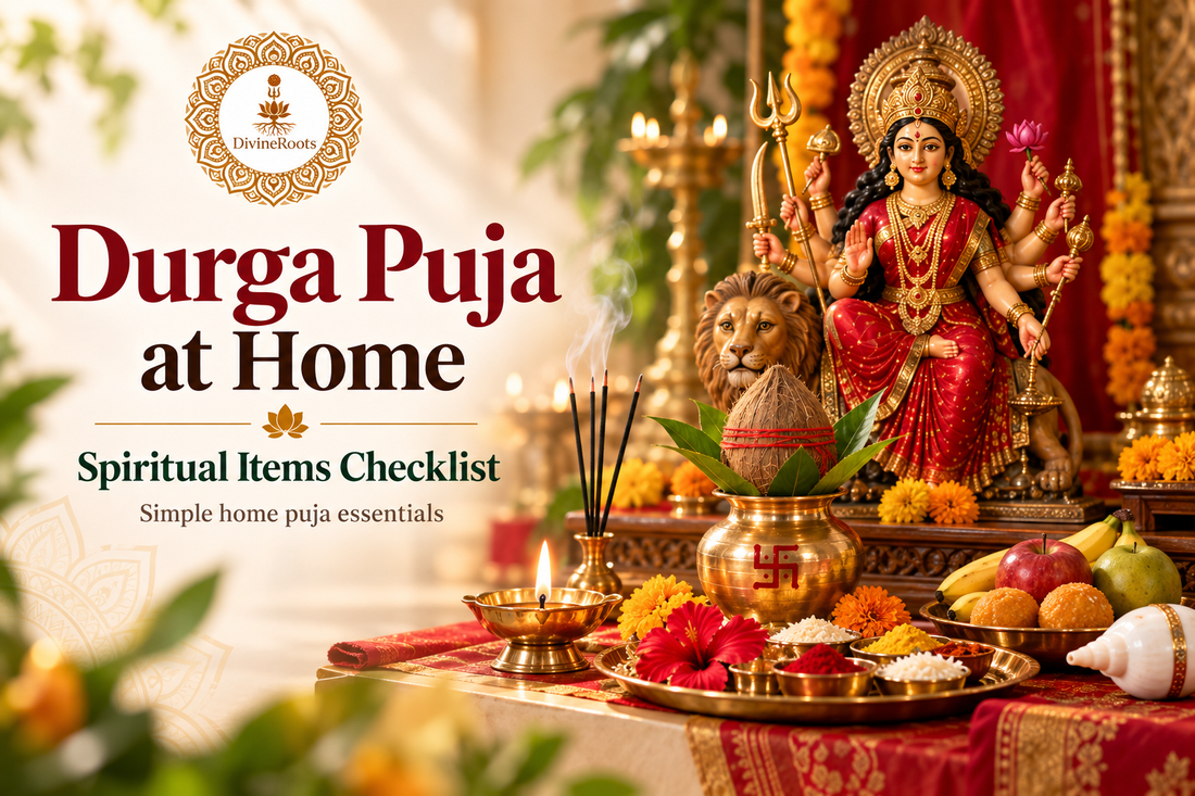 DivineRoots blog hero image showing a simple Durga Puja setup at home with Maa Durga, kalash, diya, incense, flowers, fruits and other basic spiritual items for a respectful household puja.