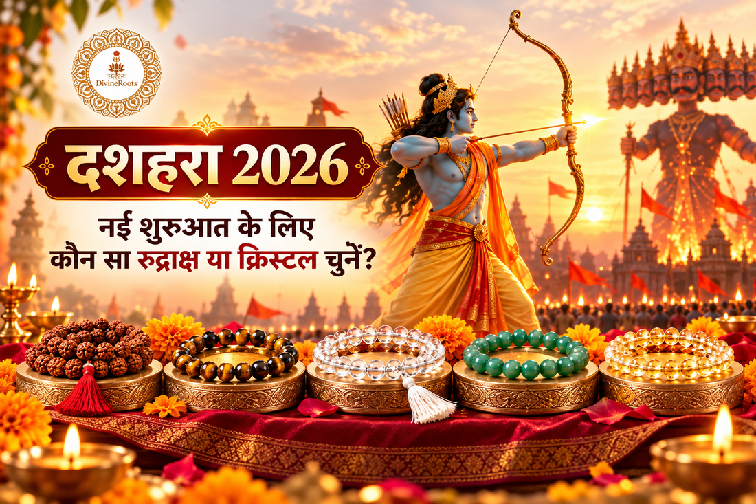 DivineRoots blog hero image for Dussehra 2026 showing Lord Rama aiming at Ravana with 5 Mukhi Rudraksha, Tiger Eye, Sphatik, Green Aventurine and Citrine in the foreground, representing new beginnings,