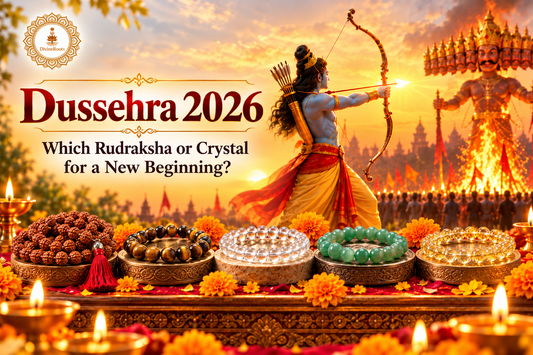 DivineRoots blog hero image for Dussehra 2026 showing Lord Rama aiming at Ravana with realistic-looking 5 Mukhi Rudraksha, Tiger Eye, Sphatik, Green Aventurine and Citrine in the foreground, representing courage