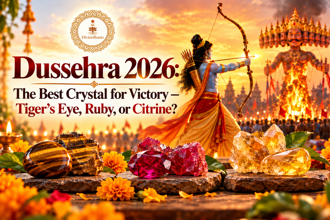 DivineRoots blog hero image for Dussehra 2026 showing Lord Rama aiming at Ravana with Tiger’s Eye, Ruby and Citrine in the foreground, comparing their use for courage, leadership, prosperity